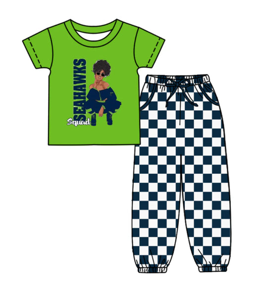 (Custom Design Preorder MOQ 5) Team's SEAHAWKS Top Plaid Joggers Kids Clothes Set