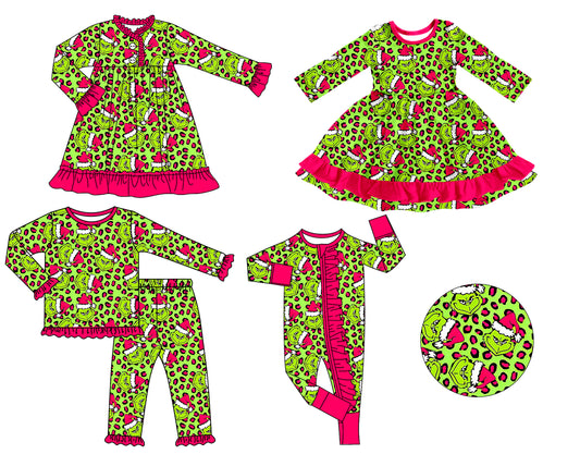 8.1(Custom Design Preorder MOQ 5 Each Design) Green Frog Leopard Print Girls Christmas Matching Clothes Sisters Wear