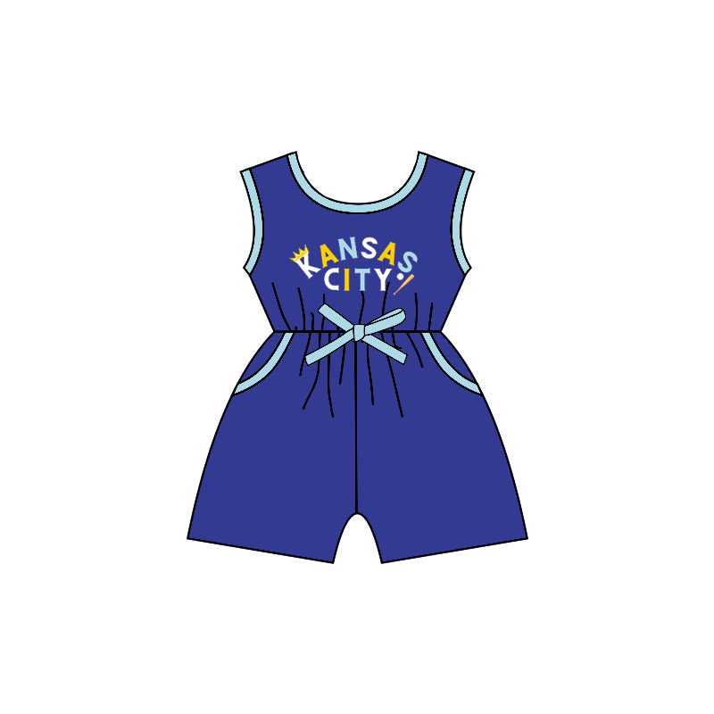 (Custom Design Preorder MOQ 5) KANSAS CITY Print Girls Summer Pockets Jumpsuits
