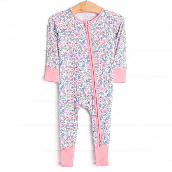 (Custom Design Preorder MOQ 5) Pink Flowers Print Baby Girls Zipper Sleeper Romper