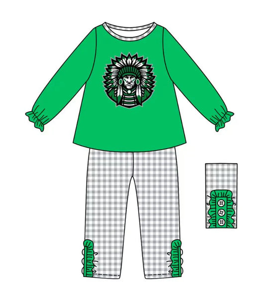 (Custom Design Preorder MOQ 5) Team's Indian Green Top Plaid Pants Girls Fall Clothes Set