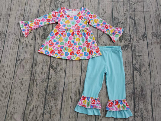 (Custom Design Preorder MOQ 5) Colorful Leopard Tunic Top Blue Pants Girls Clothes Set