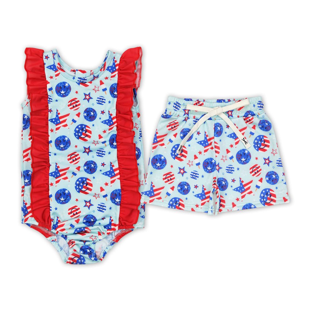 Smiling Face Stars Popsicle Print Sibling Matching 4th of July Swimsuits