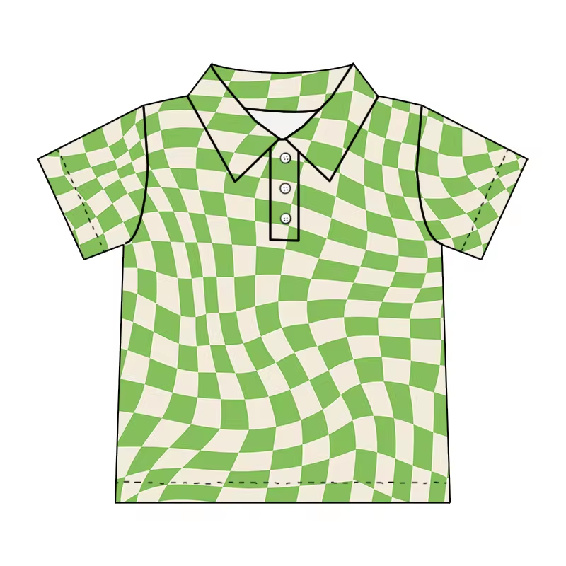 (Custom Design Preorder MOQ 5) Green Plaid Print Boys Summer Western Polo Tee Shirts Top