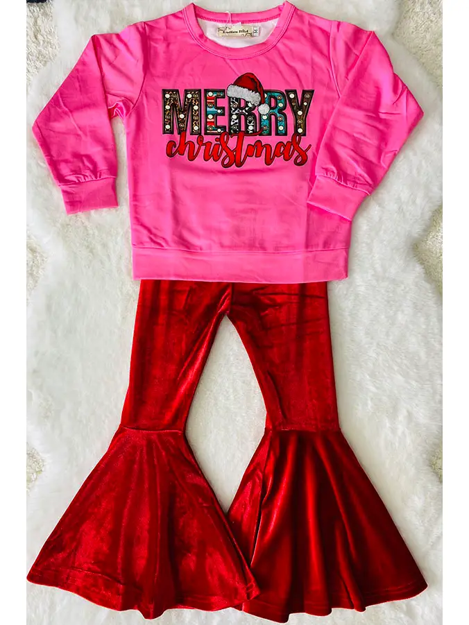 (Custom Design Preorder MOQ 5) Merry Christmas Top Red Velvet Pants Girls Clothes Set