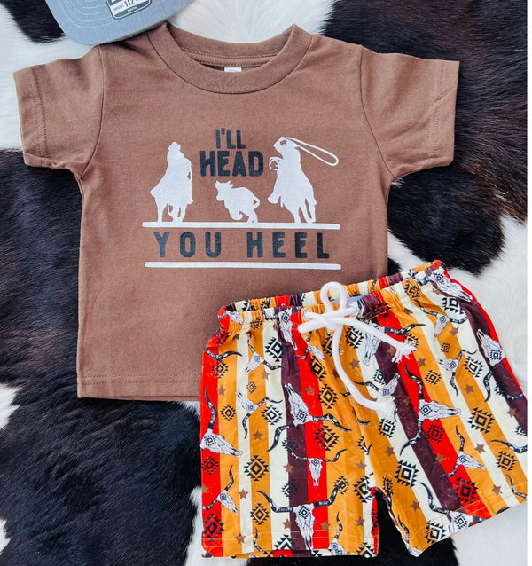 (Custom Design Preorder MOQ 5) I'LL HEAD YOU HEEL Brown Top Aztec Stripes Shorts Boys Summer Clothes Set