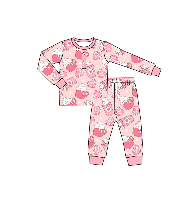 (Pre-order)GLP2286 Coffee Cake Heart Print Girls Valentine's Day Pajamas Clothes Set