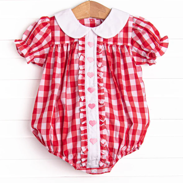 (Custom Design Preorder MOQ 5) Heart Red Plaid Print Baby Girls Valentine's Day Romper