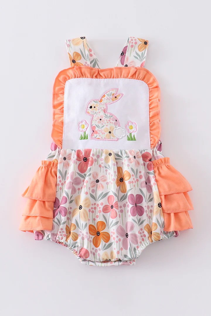 (Custom Design Preorder MOQ 5) Bunny Flowers Print Baby Girls Bubble Easter Romper