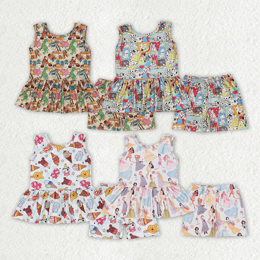 Cartoon Figure Print Sleeveless Tunic Top Shorts Girls Summer Clothes Set Sisters Wear