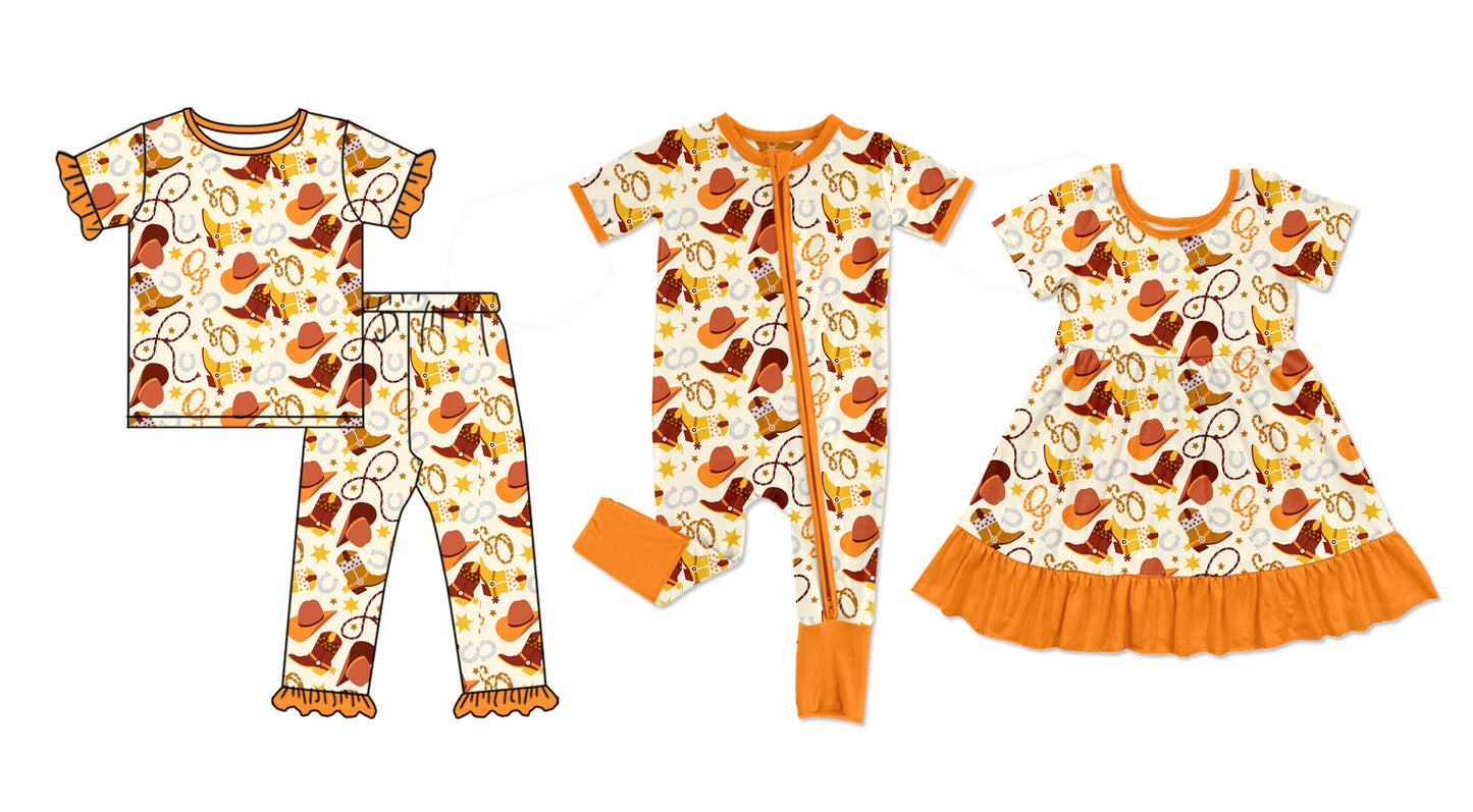 5.5(Custom Design Preorder MOQ 5 Each Design) Boots Hat Print Kids Western Matching Clothes Sibling Wear