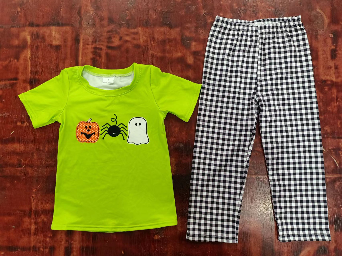 (Custom Design Preorder MOQ 5) Pumpkin Spider Ghost Top Plaid Pants Boys Halloween Clothes Set