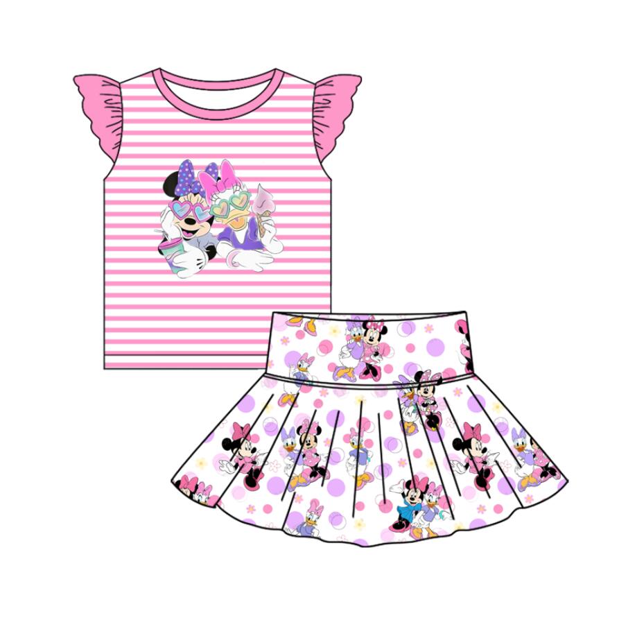 (Custom Design Preorder MOQ 5 ) Cartoon Mouse Pink Stripes Top Skirts Girls Summer Clothes Set
