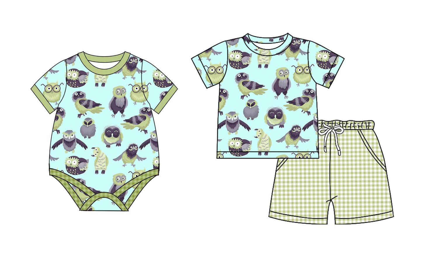 2.22(Custom Design Preorder MOQ 5 Each Design) Owl Green Print Boys Summer Matching Clothes Brothers Wear