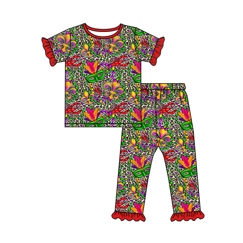 12.4(Custom Design Preorder MOQ 5) Mask Crayfish Leopard Print Girls Mardi Gras Pajamas Clothes Set