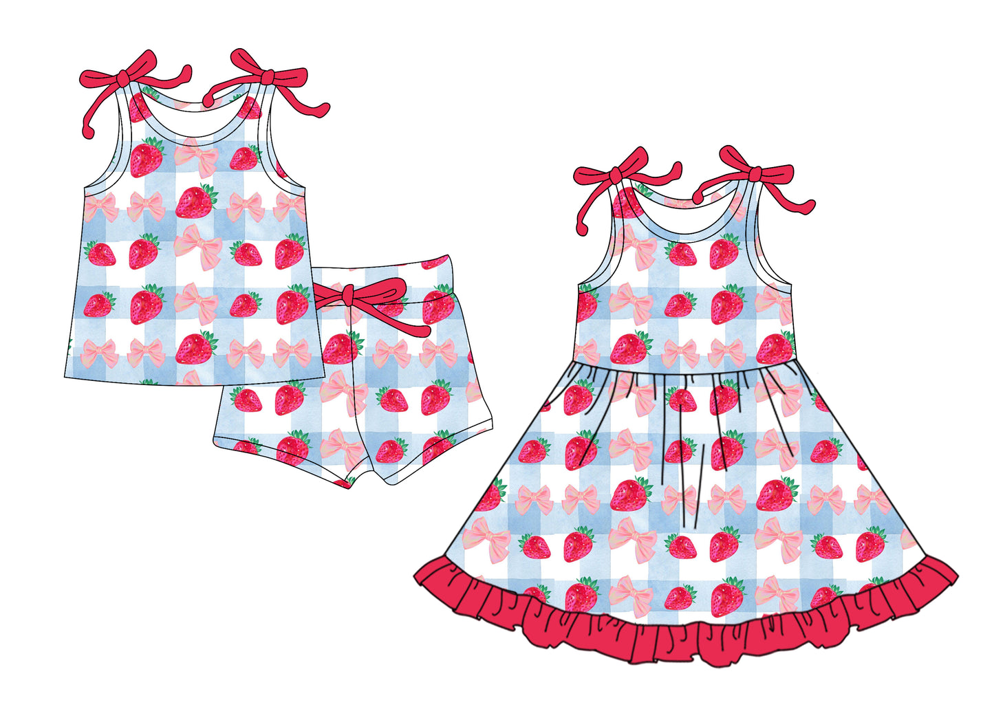 12.8 (Custom Design Preorder MOQ 5 Each Design) Strawberry Bows Plaid Print Girls Summer Matching Clothes Sisters Wear