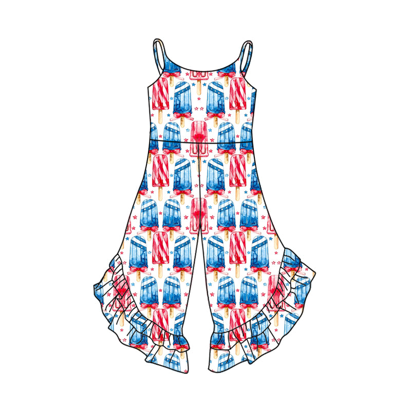 2.24(Custom Design Preorder MOQ 5) Red Blue Popsicle Stars Print Girls 4th of July Jumpsuits
