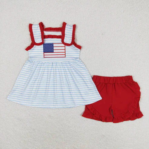Flag Embroidery Stripes Print Sibling 4th of July Matching Clothes