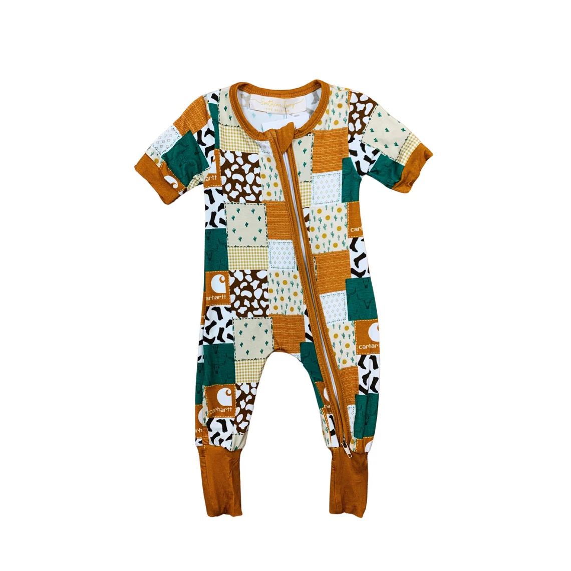 (Custom Design Preorder MOQ 20) Cows Boots Cactus Print Baby Bamboo Sleeper Zipper Romper