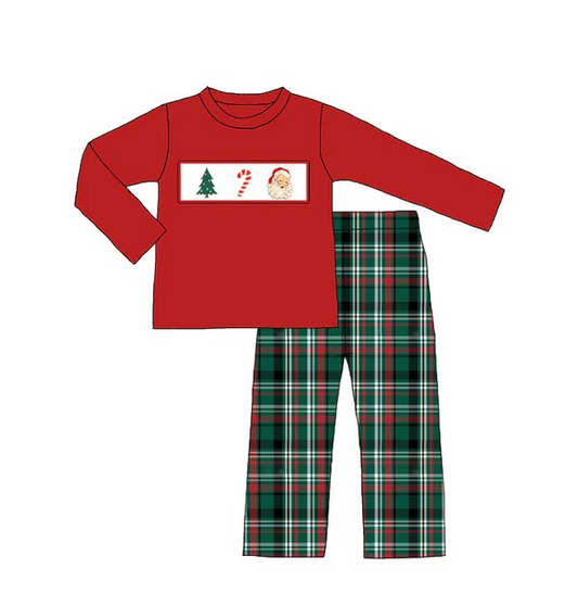 (Custom Design Preorder MOQ 5) Santa Candy Cane Red Top Plaid Pants Boys Christmas Clothes Set