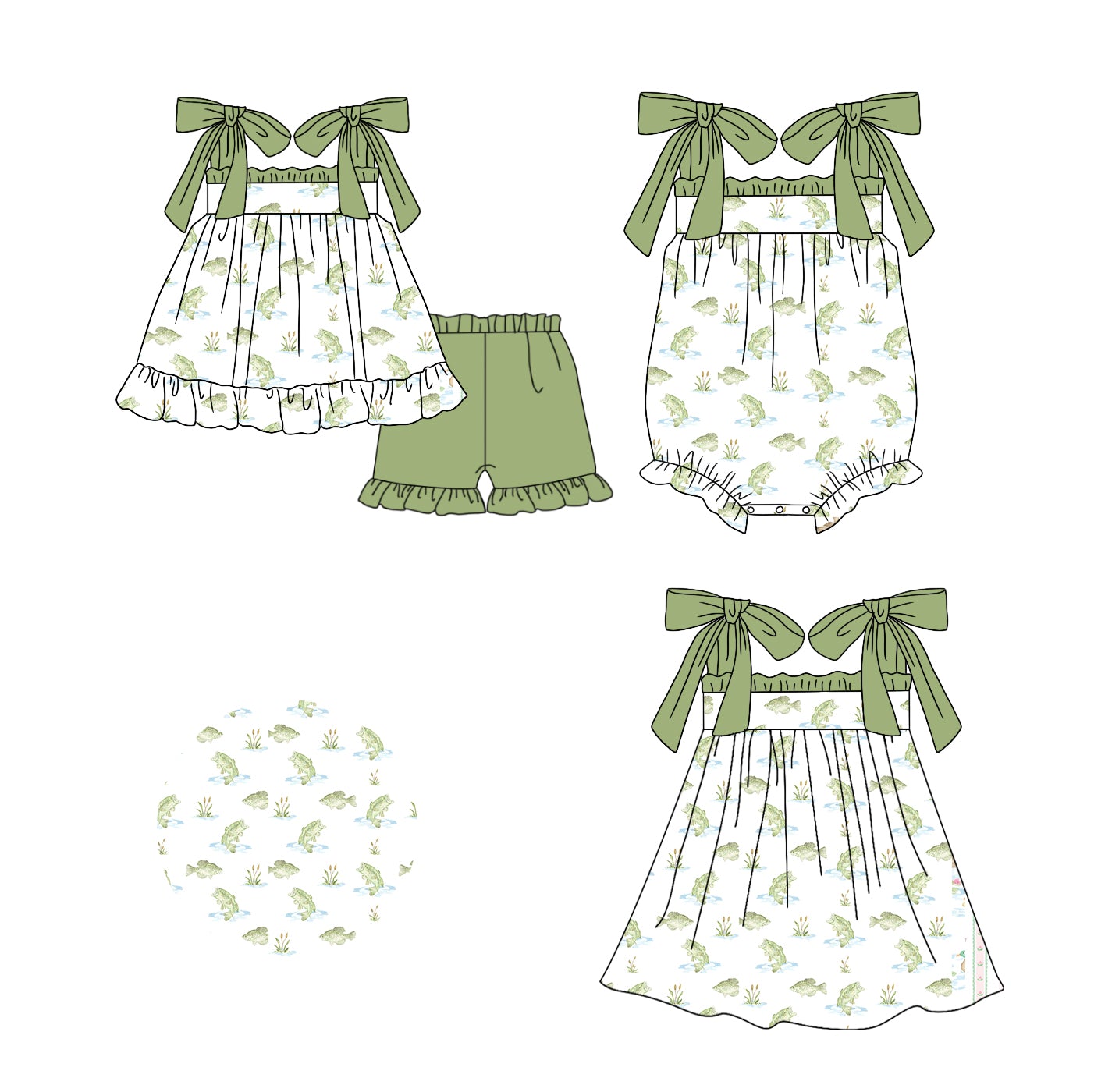 11.16(Custom Design Preorder MOQ 5 Each Design) Fish Green Print Girls Summer Matching Clothes Set Sisters Wear