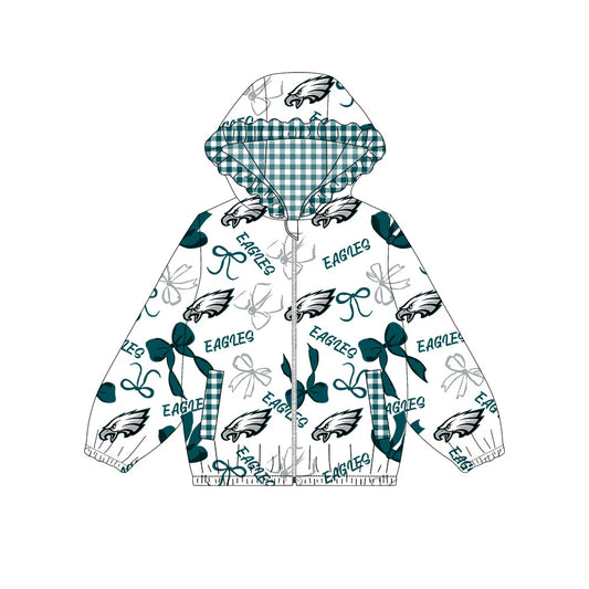(Custom Design Preorder MOQ 5) Eagles Bows Print Pockets Girls Long Sleeve Zipper Jackets Top