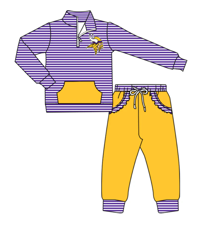 (Custom Design Preorder MOQ 5) Team's Vikings Stripes Zipper Top Pockets Pants Girls Clothes Set