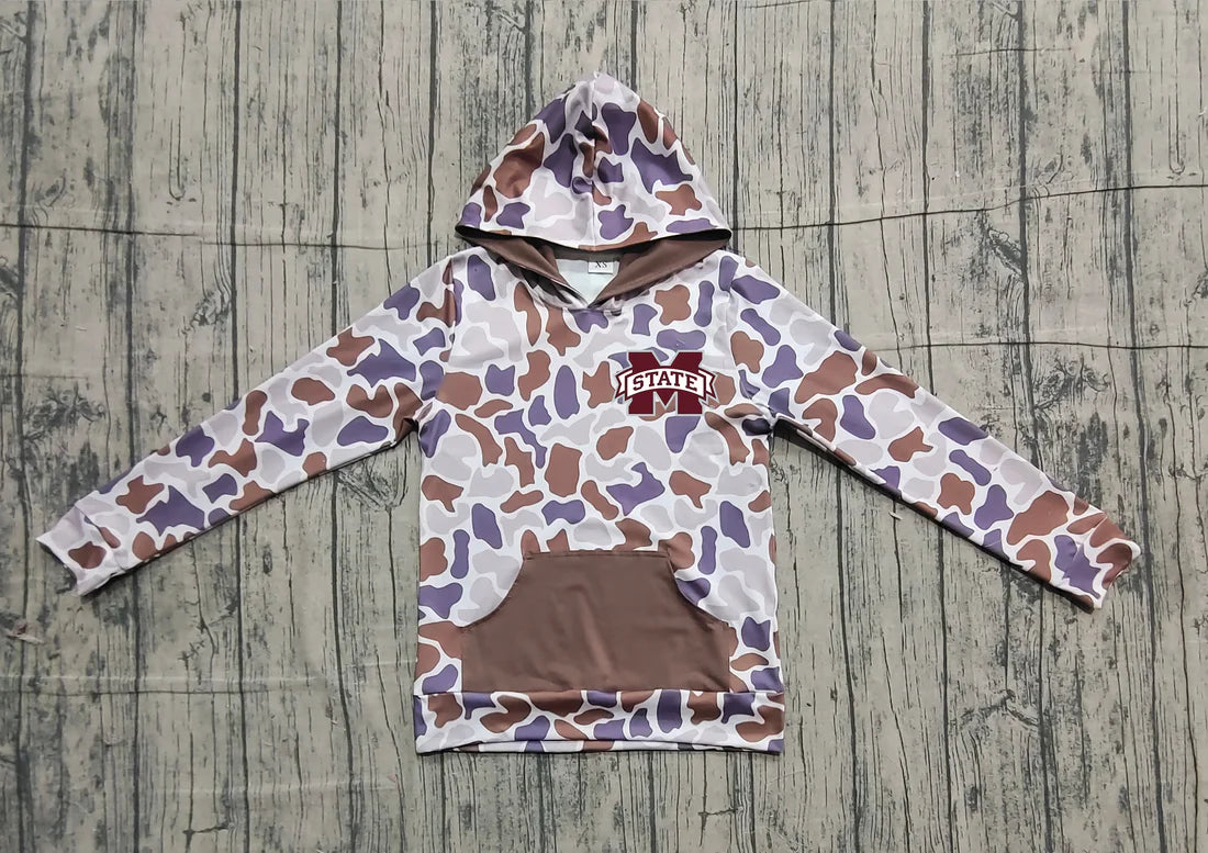(Custom Design Preorder MOQ 5 Each Item) Team's Mississippi State Purple Brown Camo Print Kids Fall Zipper Hoodie Top Mom and Me Matching Clothes