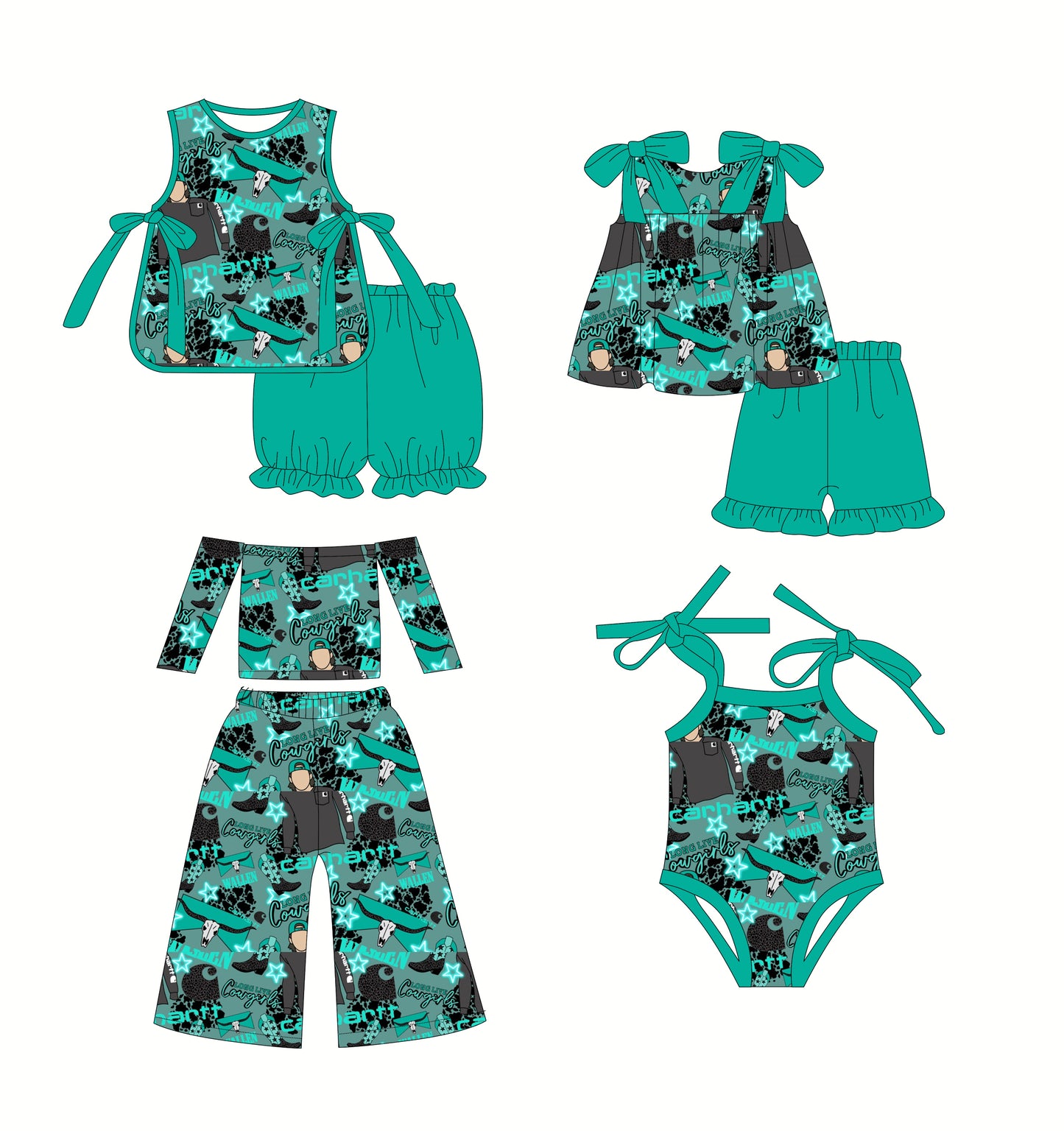 2.22(Custom Design Preorder MOQ 5 Each Design) Cowgirls Cow Skull Wallen Print Girls Summer Matching Clothes Sisters Wear