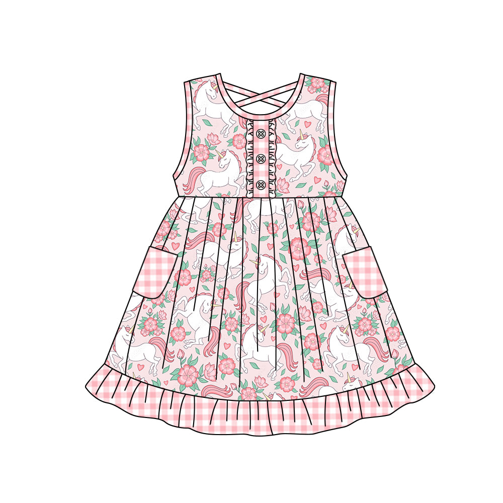 (Custom Design Preorder MOQ 5) Pink Unicorn Flowers Print Pockets Girls Knee Length Summer Dress