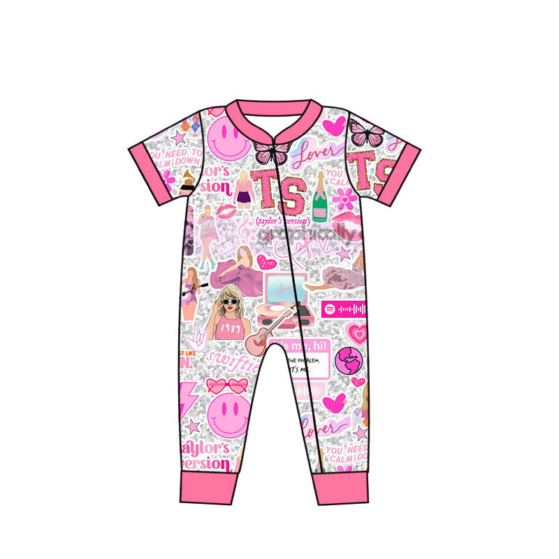 (Custom Design MOQ 5)NO.3 Pink Flowers Singer Design Baby Sleeper Zipper Romper