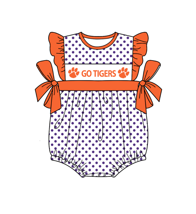 (Custom Design Preorder MOQ 5) Team's GO TIGERS Print Baby Girls Summer Romper