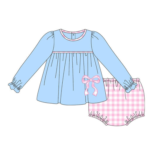 (Custom Design Preorder MOQ 5 ) Pink Bow Tunic Top Plaid Shorts Baby Girls Fall Bummie Set