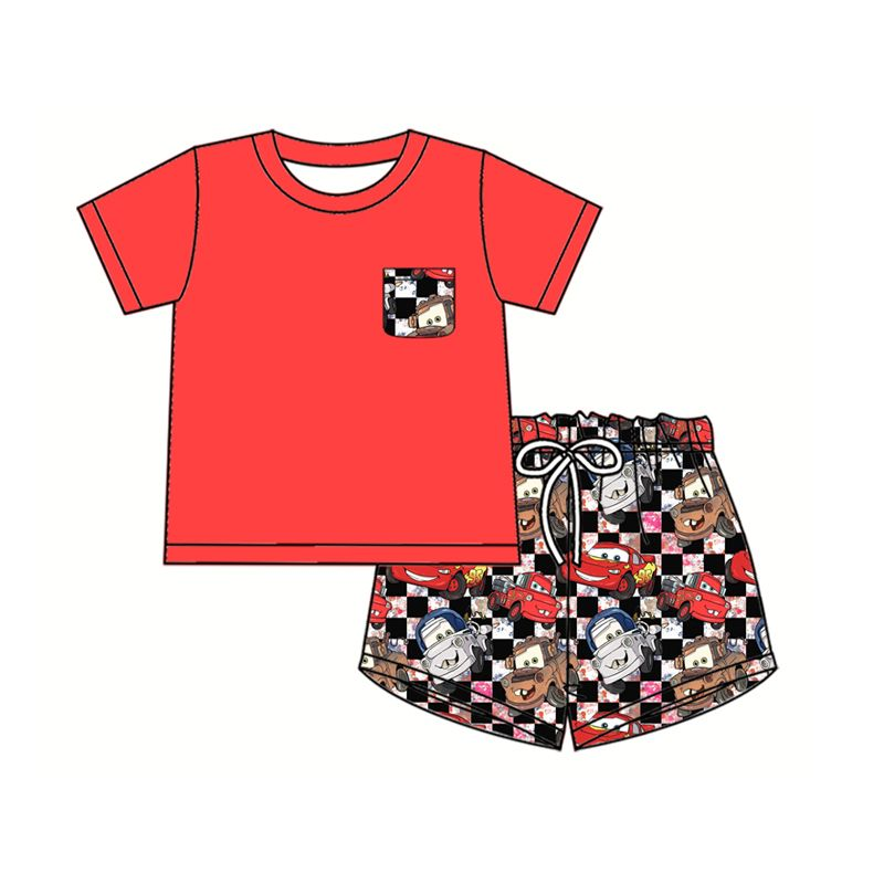 (Custom Design Preorder MOQ 5) Red Pocket Top Cartoon Cars Shorts Boys Summer Clothes Set