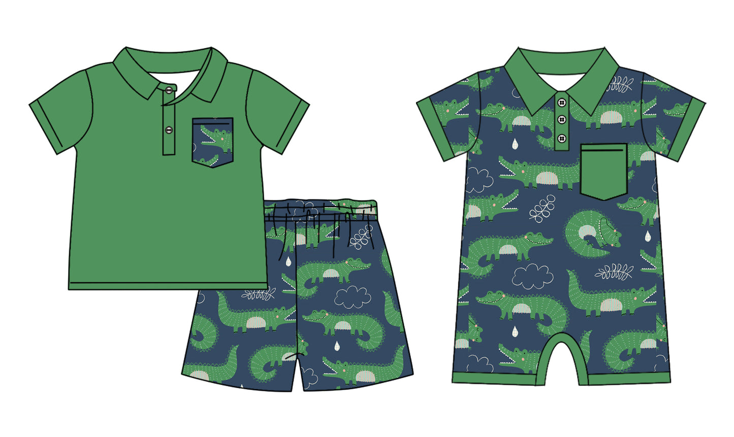 11.11(Custom Design Preorder MOQ 5 Each Design) Crocodile Green Print Boys Summer Matching Clothes Brothers Wear