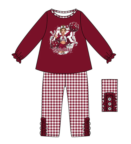 (Custom Design Preorder MOQ 5) Team's Arkansas Razorbacks Cheer Top Plaid Pants Girls Fall Clothes Set