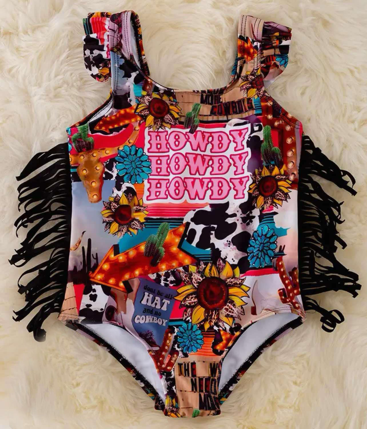 (Custom Design Preorder MOQ 5) Howdy Sunflowers Print Girls 1 Piece Tassels Swimsuits