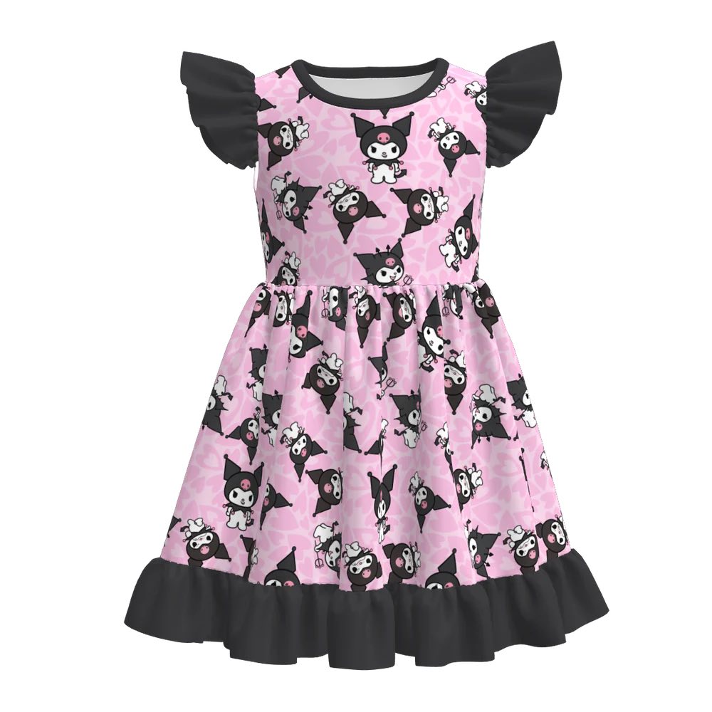(Custom Design Preorder MOQ 5) Cartoon Animal Pink Print Girls Summer Knee Length Dress