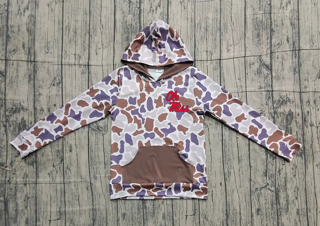 (Custom Design Preorder MOQ 5 Each Item) Team's Ole Miss Purple Brown Camo Print Kids Fall Zipper Hoodie Top Mom and Me Matching Clothes