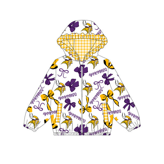 (Custom Design Preorder MOQ 5) Vikings Bows Print Pockets Girls Long Sleeve Zipper Jackets Top