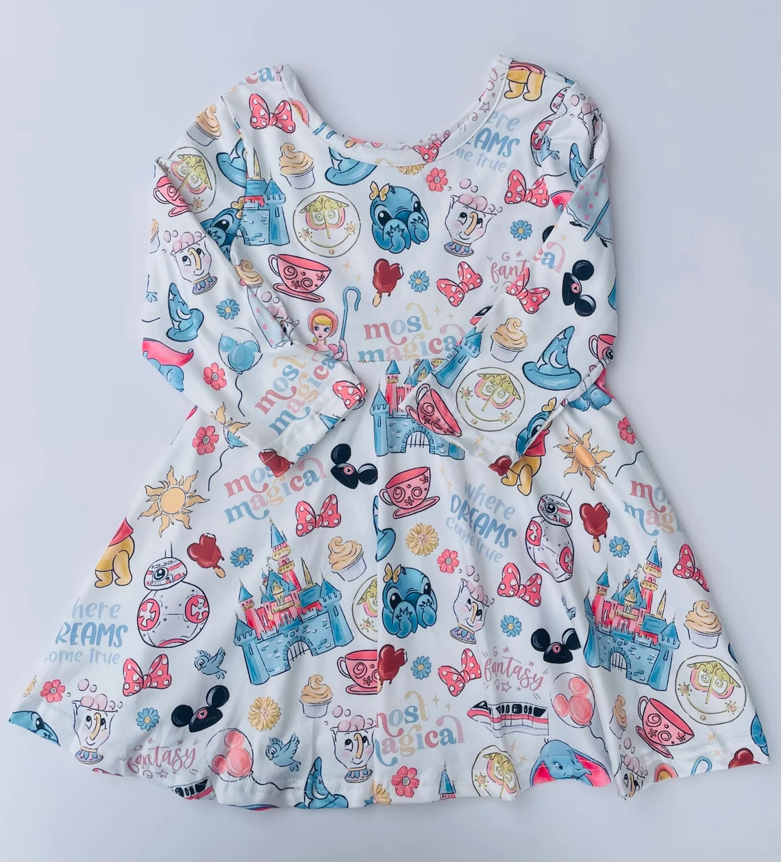 (Custom Design Preorder MOQ 5) Cartoon Magic Print Girls Knee Length Dress