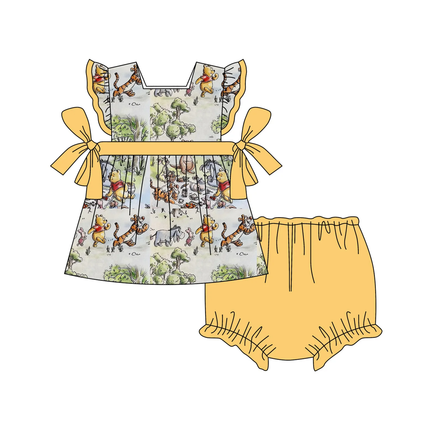 (Custom Design Preorder MOQ 5) Cartoon Bear Tunic Top Yellow Shorts Baby Girls Summer Bummie Set