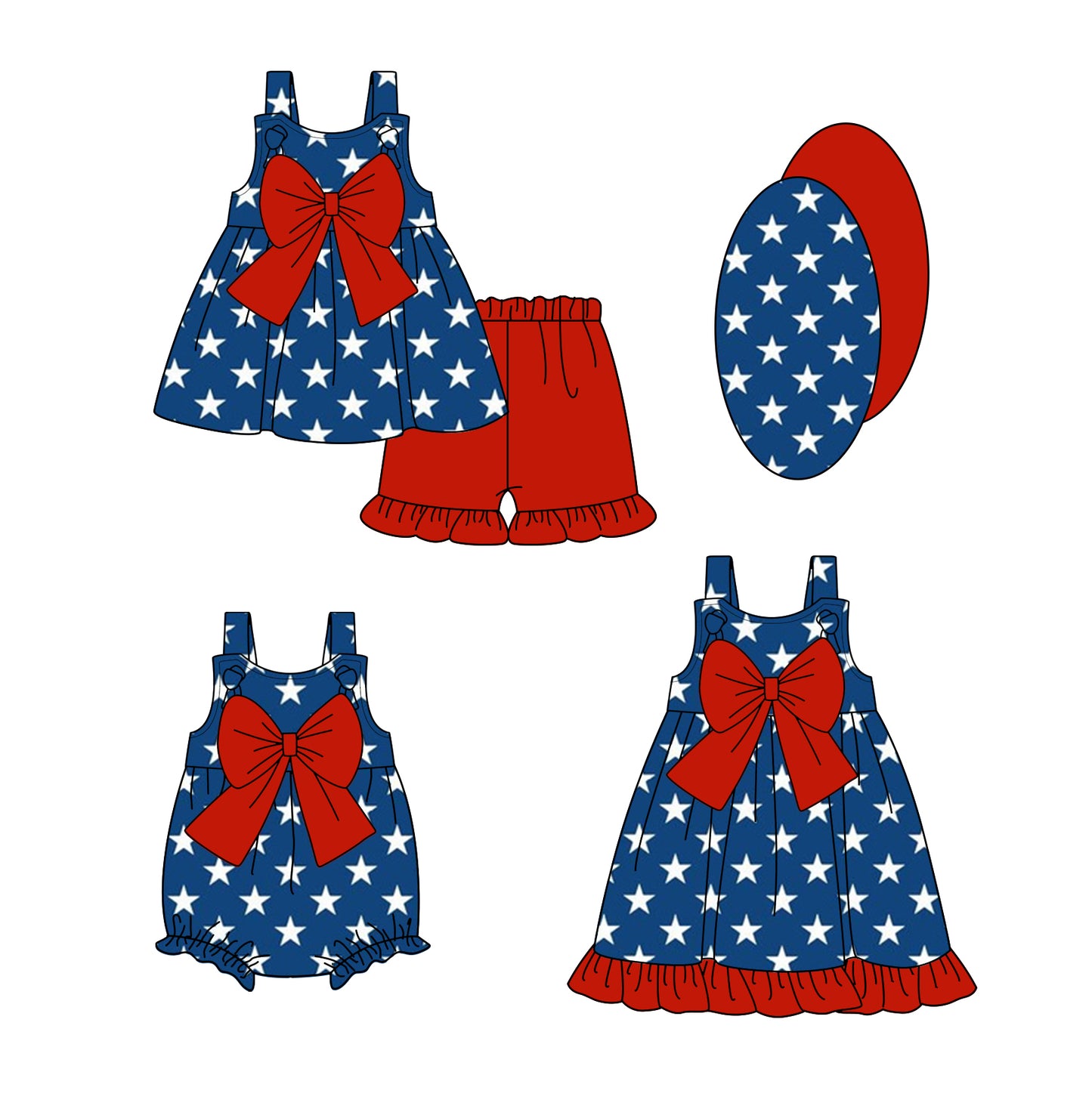 1.4(Custom Design Preorder MOQ 5 Each Design) Stars Print Girls 4th of July Matching Clothes Sisters Wear