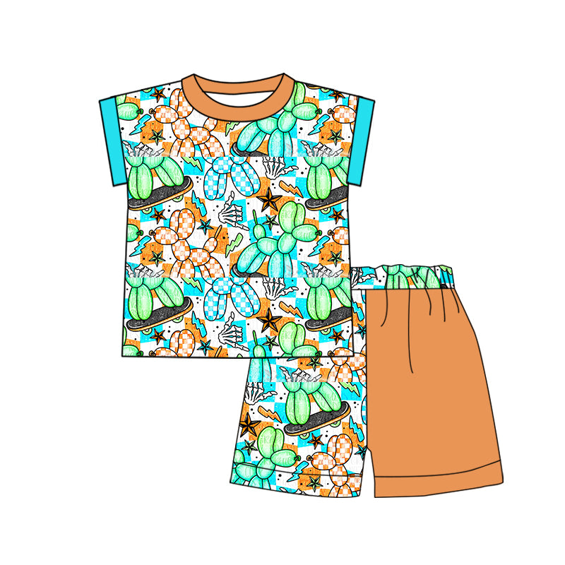 (Custom Design Preorder MOQ 5) Dog Balloon Top Orange Shorts Kids Summer Clothes Set