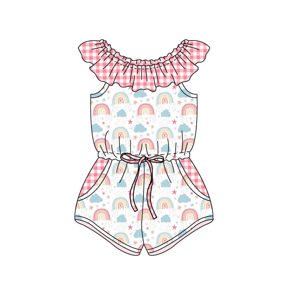 (Custom Design Preorder MOQ 5) Rainbow Stars Print Pockets Girls Summer Jumpsuits