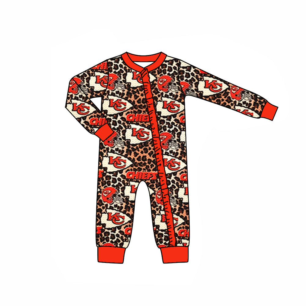 (Custom Design Preorder MOQ 5) Team's KC Leopard Print Baby Girls Fall Sleeper Zipper Romper