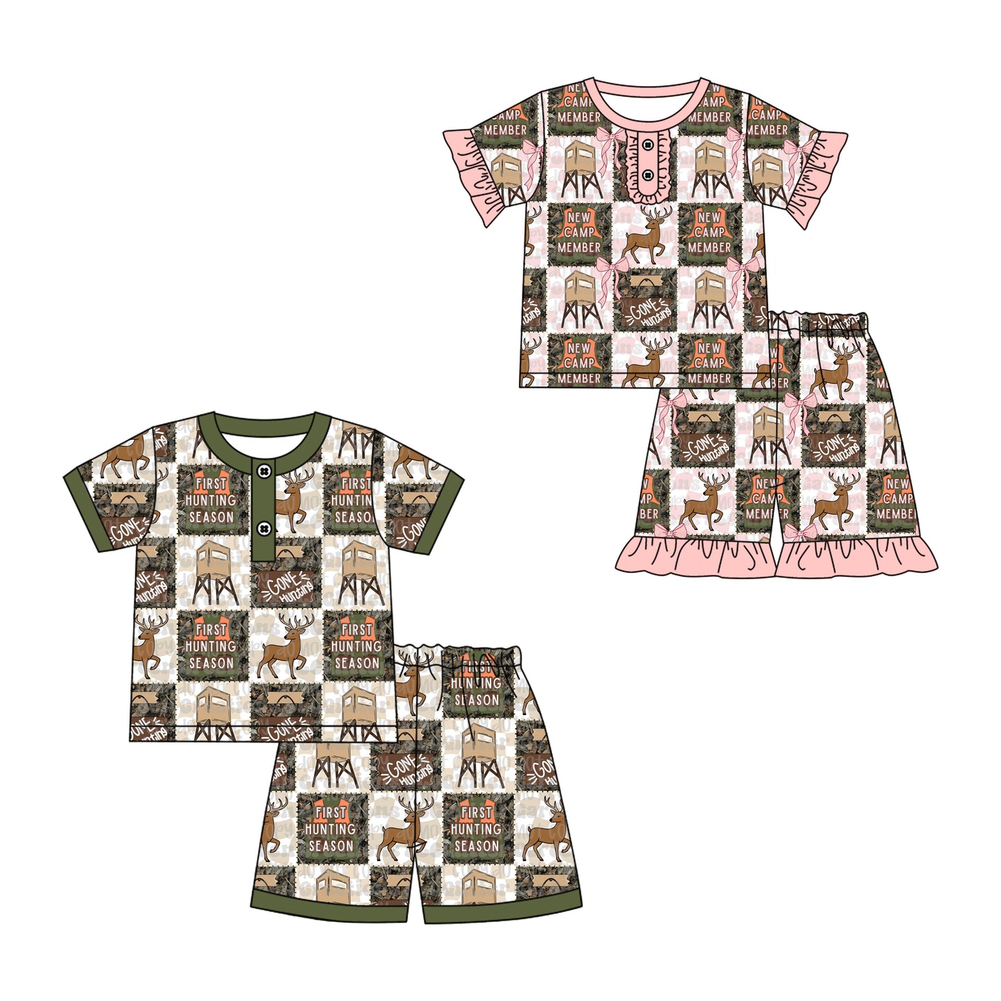 12.8 (Custom Design Preorder MOQ 5) GONE HUNTING Plaid Print Kids Summer Pajamas Clothes Set Sibling Wear