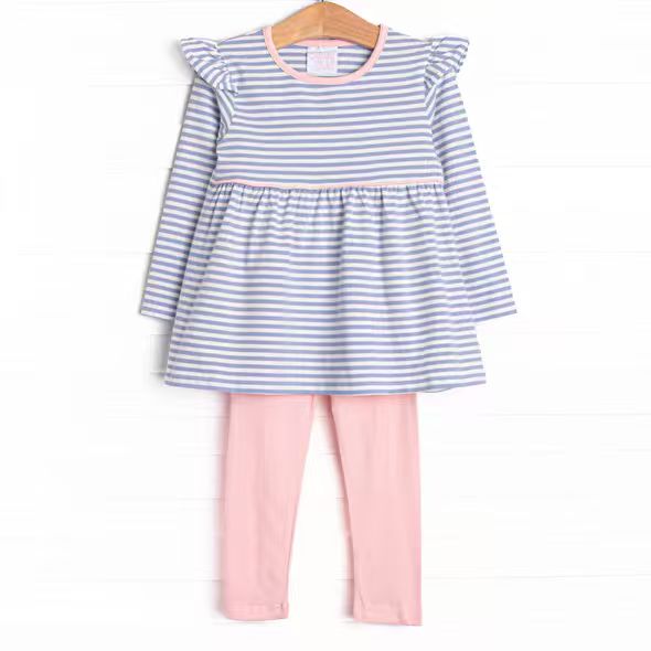 (Custom Design Preorder MOQ 5) Blue Stripes Tunic Top Pink Pants Girls Clothes Set