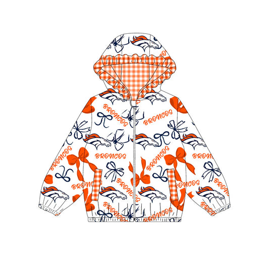 (Custom Design Preorder MOQ 5) Denver Broncos Bows Print Pockets Girls Long Sleeve Zipper Jackets Top