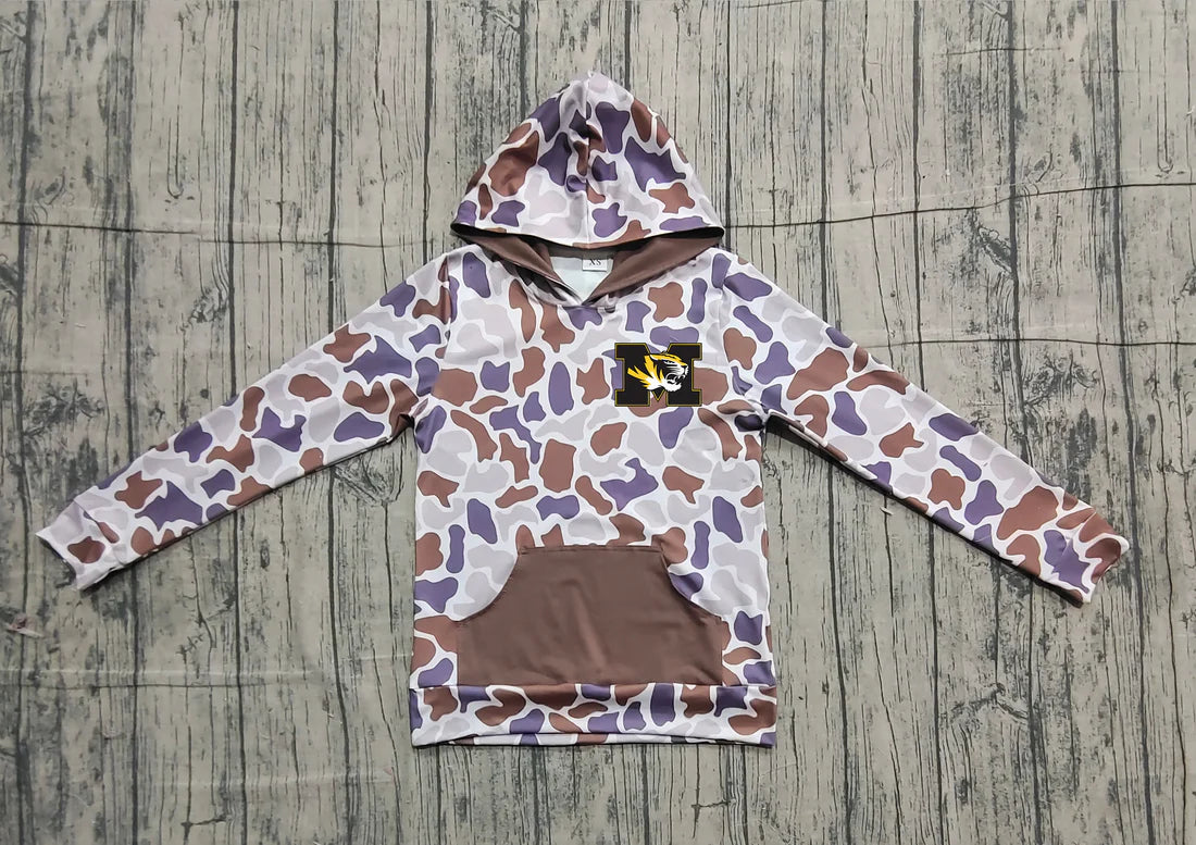 (Custom Design Preorder MOQ 5 Each Item) Team's Missouri Tigers Purple Brown Camo Print Kids Fall Zipper Hoodie Top Mom and Me Matching Clothes